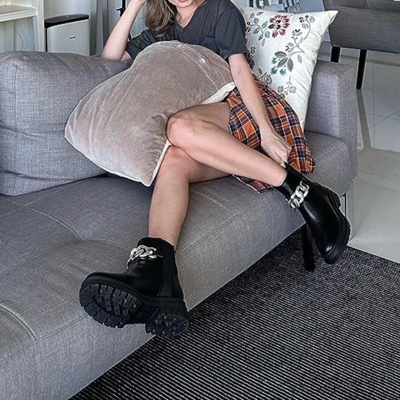 Womens Lug Sole Platform Ankle Boots Chelsea Slip On Chunky Block Heel Fall - Picture 5 of 6